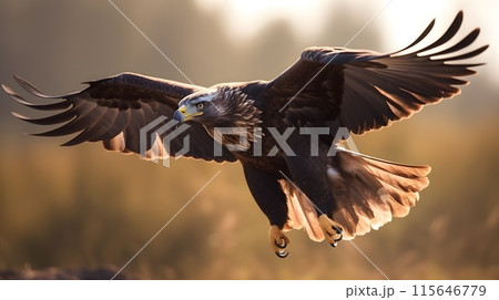 Close up shot of Golden eagle Aquila chrysaetos flying catching a prey. 115646779