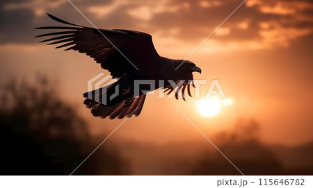 Golden eagle Aquila chrysaetos flying in the air with mountain and highland forest background evening sunset golden hour. Golden eagle Aquila chrysaetos flying in the air with mountain and highland forest background evening sunset golden hour. 115646782