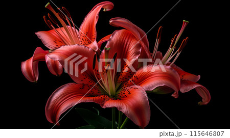 Macro close up shot red Tiger Lily flower isolated on black background. 115646807