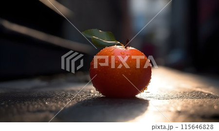 A perfect wet orange fruit on the ground city view or downtown view look fresh, a concept for commercial and advertisement. 115646828