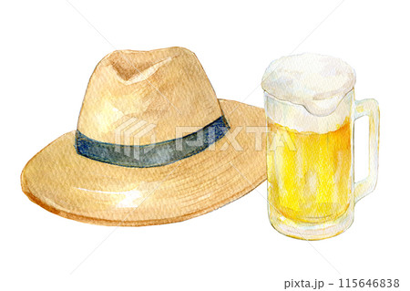 水彩イラスト 麦わら帽子と生ビール 水彩イラスト 麦わら帽子と生ビール 115646838