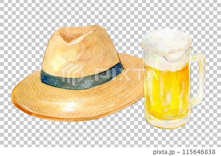 水彩イラスト 麦わら帽子と生ビール 水彩イラスト 麦わら帽子と生ビール 115646838