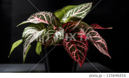 Nerve plant fitonia on a pot lush vein leaf indoor and home plant on black background. 115646858