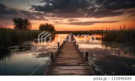 Wooden pier bridge in the lake swamp evening sunset nature view cloudy sky. 115646884