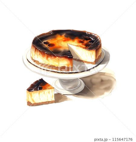 白背景にバスクチーズケーキの水彩イラスト 115647176