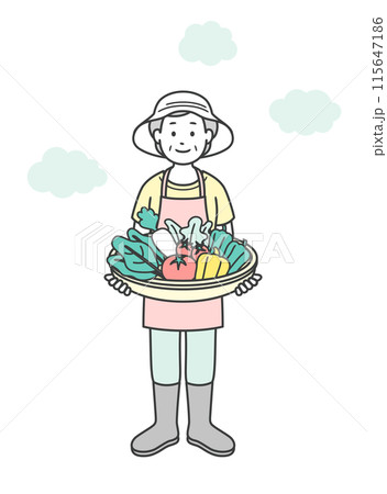 家庭菜園で収穫した野菜を持っている高齢女性の全身イラスト 115647186