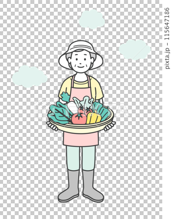 家庭菜園で収穫した野菜を持っている高齢女性の全身イラスト 115647186