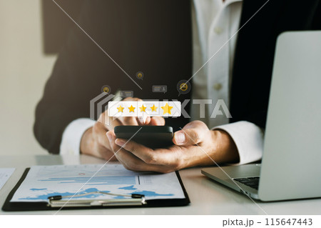 Customer service. Best rating experience satisfaction survey concept. man using smartphone Give a rating of satisfaction on after-sales service. 115647443