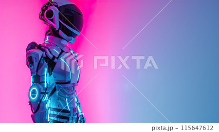 AI-generated item. 3d robot in neon light. Futuristic concept.	 115647612