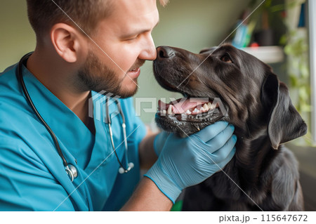 AI-generated item. Veterinarian examining a labrador retriever puppy in a veterinary clinic. AI-generated item. Veterinarian examining a labrador retriever puppy in a veterinary clinic. 115647672