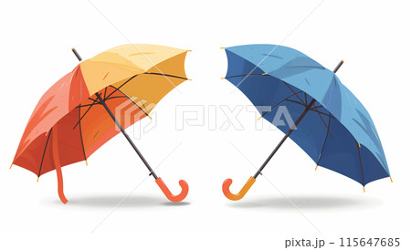Two umbrellas, one orange and the other blue on a white background. 115647685