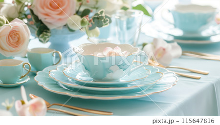 A light blue tea set with pastel colored flowers and gold accents, arranged on an elegant table setting for afternoon high society teatime. The scene is captured in soft focus to highlight the delicat 115647816