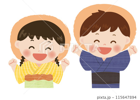 夏祭り　浴衣を着ている子供のかわいいポップなイラスト 115647894