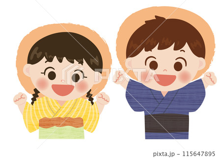夏祭り　浴衣を着ている子供のかわいいポップなイラスト 115647895