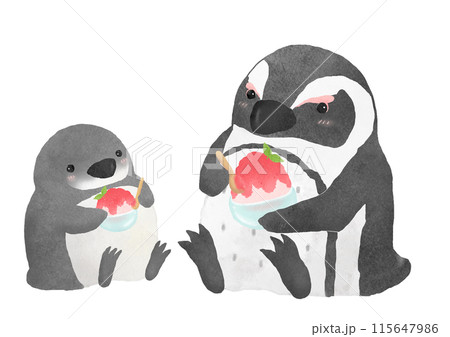 ペンギンの親子とイチゴかき氷 115647986