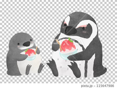 ペンギンの親子とイチゴかき氷 115647986