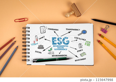 ESG ENVIRONMENTAL SOCIAL GOVERNANCE. Notepad and office supplies on a light background 115647998