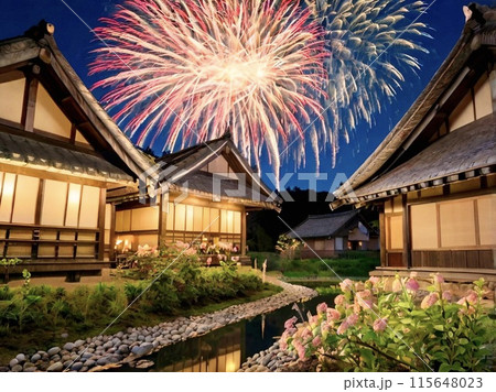 日本の古民家と花火 日本の古民家と花火 115648023