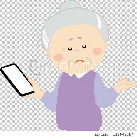 拿著智慧型手機嘆息的祖母的上半身 拿著智慧型手機嘆息的祖母的上半身 115648194