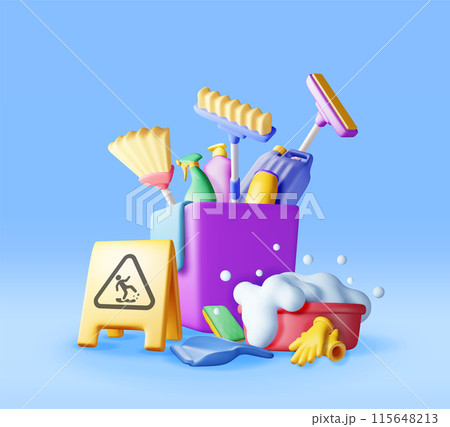 3D set of home cleaning tools isolated 115648213