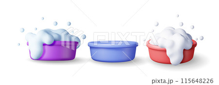 3d set of plastic bucket with soapy foam and empty 115648226