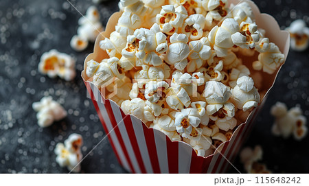 Close up of popcorn in a red and white striped paper box on a dark background, with high resolution 115648242