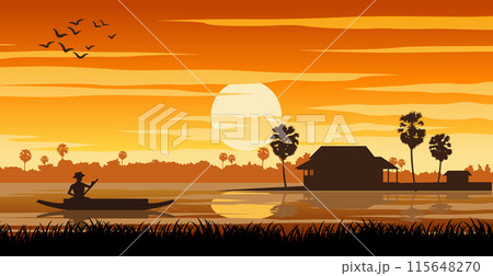 Rural life with man paddle boat and hut in sunset time 115648270
