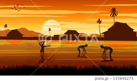 Silhouette picture of how to catching fish by southeast asia style on sunset time 115648275