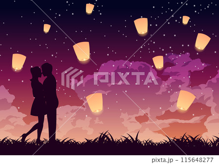 couple hug together and kiss around in stars night,lantern above couple hug together and kiss around in stars night,lantern above 115648277