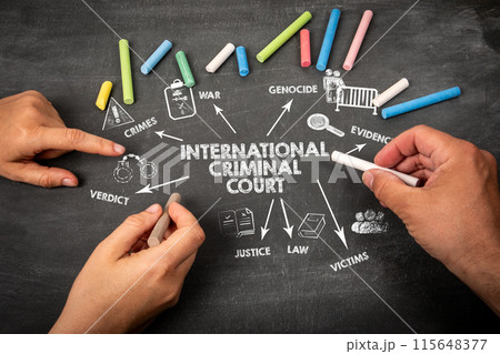 International Criminal Court. Illustration with icons, arrows and keywords on a black chalkboard 115648377