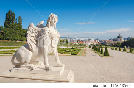 Wien, Austria - July 28, 2023: park near upper Belvedere, with statues and landscaping elements in sunny day 115648565