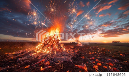 Summer solstice. Bonfires crackle under the twilight sky, symbolizing the sun's fiery power and the warmth of the summer season. Fireworks paint vibrant streaks across the darkening sky, Summer solstice. Bonfires crackle under the twilight sky, symbolizing the sun's fiery power and the warmth of the summer season. Fireworks paint vibrant streaks across the darkening sky, 115648693