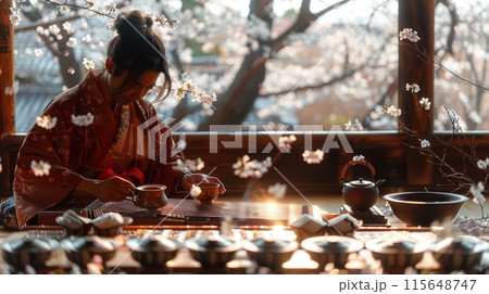 A traveler enjoying a traditional tea ceremony during the Cherry Blossom Festival in Japan, surrounded by the delicate beauty of cherry blossoms and the soothing sounds of koto music 115648747