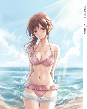 絵　手描き　ドローイング　赤いビキニ姿の女性 ビキニ姿の女性 ビーチの背景イラスト - No: 2560866｜無料イラスト