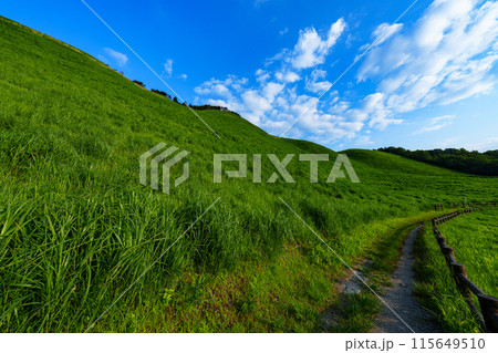 奈良と三重の県境曽爾高原の夕景　亀山のなだらかな斜面とお亀池南端の遊歩道① 115649510
