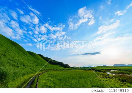 奈良と三重の県境曽爾高原の夕景　西の祖低く高原と遊歩道を照らす太陽④ 115649519