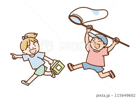 元気に虫取りする子どもたち＿パステルカラー 115649602