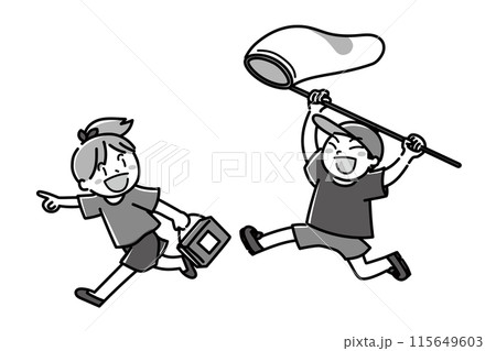 元気に虫取りする子どもたち_モノクロ 元気に虫取りする子どもたち_モノクロ 115649603