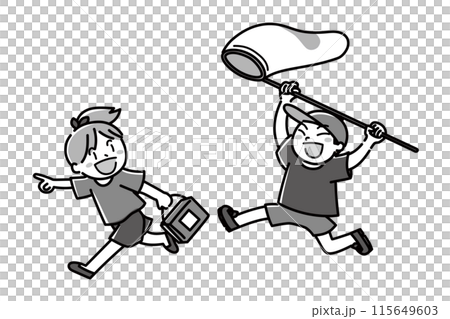 元気に虫取りする子どもたち_モノクロ 元気に虫取りする子どもたち_モノクロ 115649603