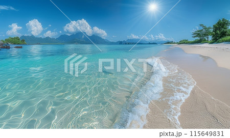 Stunning beach with crystal clear water, white sand, and a perfect sunny day 115649831