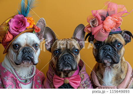 Three dogs dressed in elegant outfits with floral hats and pearls, set against a yellow background. 115649893