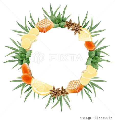Lemon, turmeric, ginger, honey, spearmint and anise stars with green lemongrass round wreath watercolor illustration isolated on white. Organic citrus mix for herbal tea Lemon, turmeric, ginger, honey, spearmint and anise stars with green lemongrass round wreath watercolor illustration isolated on white. Organic citrus mix for herbal tea 115650017