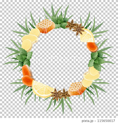 Lemon, turmeric, ginger, honey, spearmint and anise stars with green lemongrass round wreath watercolor illustration isolated on white. Organic citrus mix for herbal tea Lemon, turmeric, ginger, honey, spearmint and anise stars with green lemongrass round wreath watercolor illustration isolated on white. Organic citrus mix for herbal tea 115650017