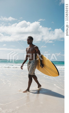 Young African American male surfer with surfboard on sandy coast near ocean 115650353