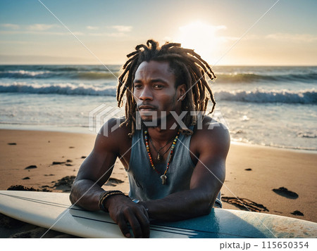 Young African American male surfer with surfboard on sandy coast near ocean 115650354