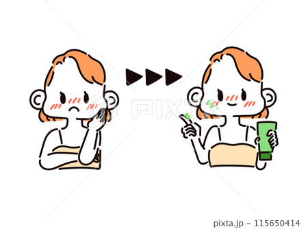 赤ら顔に悩む女性のビフォーアフターのイラスト 115650414