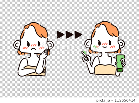 赤ら顔に悩む女性のビフォーアフターのイラスト 115650414