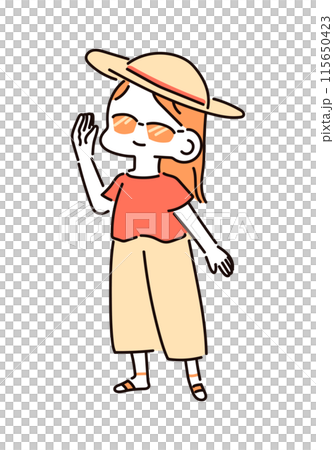 Illustration of a young woman taking measures against sunburn 115650423