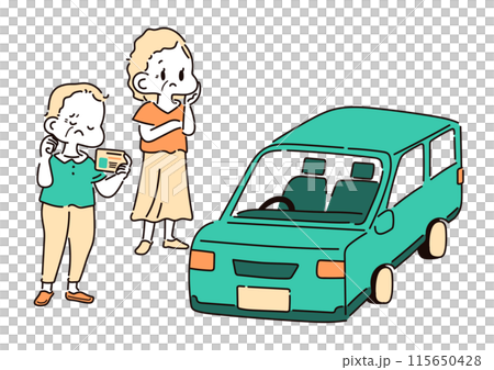 自動車免許を返納するか悩む高齢車のイラスト 自動車免許を返納するか悩む高齢車のイラスト 115650428