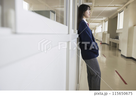 廊下の壁に寄り掛かるスラックスを履いている女子高校生 多様性 廊下の壁に寄り掛かるスラックスを履いている女子高校生 多様性 115650675
